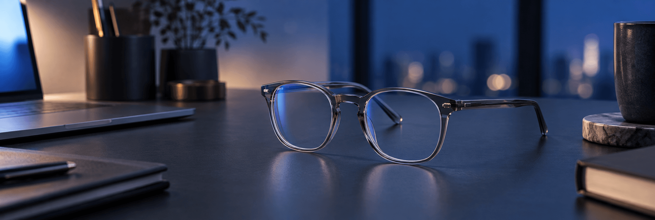 Gafas Blue Light OLVEN junto a un espacio de trabajo