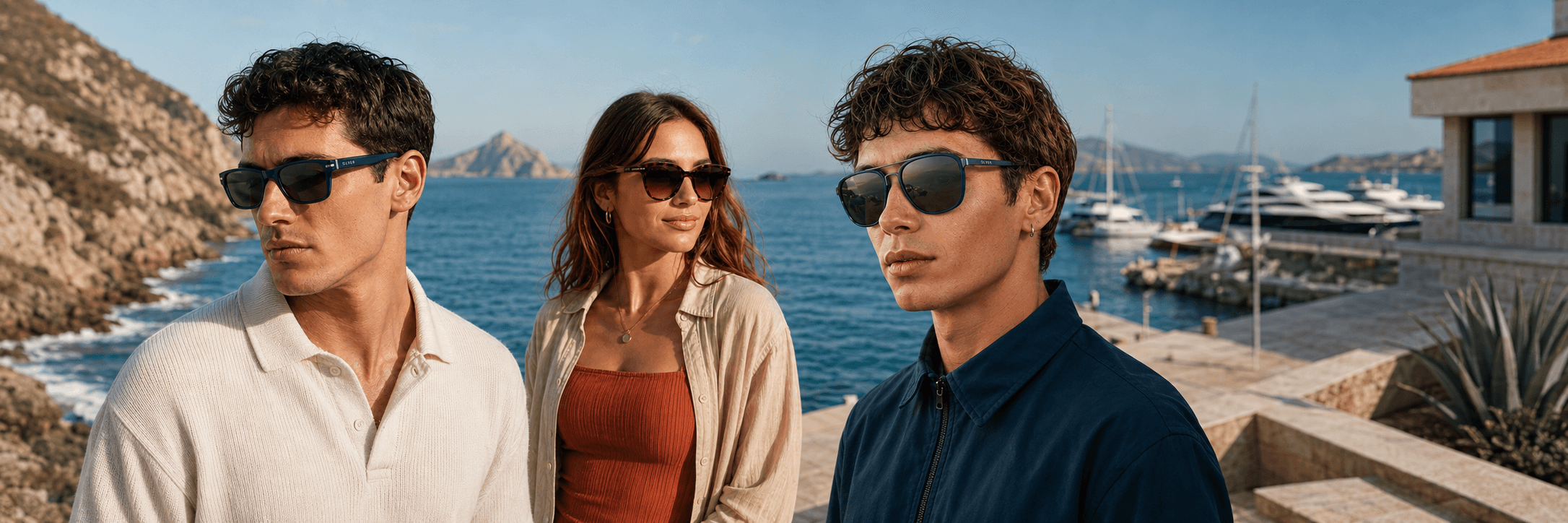 Colección de gafas polarizadas OLVEN junto al mar